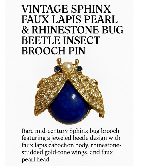 Vintage SPHINX Beetle Brooch Faux Lapis Pearl Rhinestone Bug Insect Pin - Picture 13 of 14